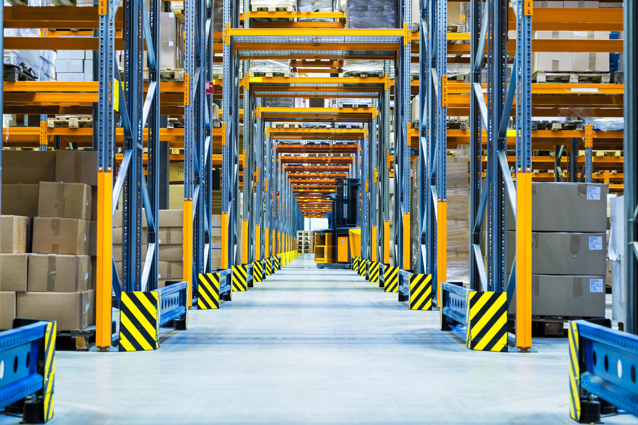 Aisle of storage racks in a distribution warehouse